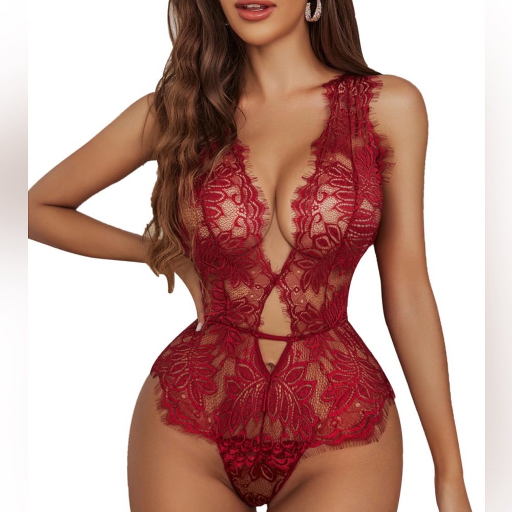 One Piece Lingerie Eyelash Lace Bodysuit Deep V Teddy XXL Deep Red